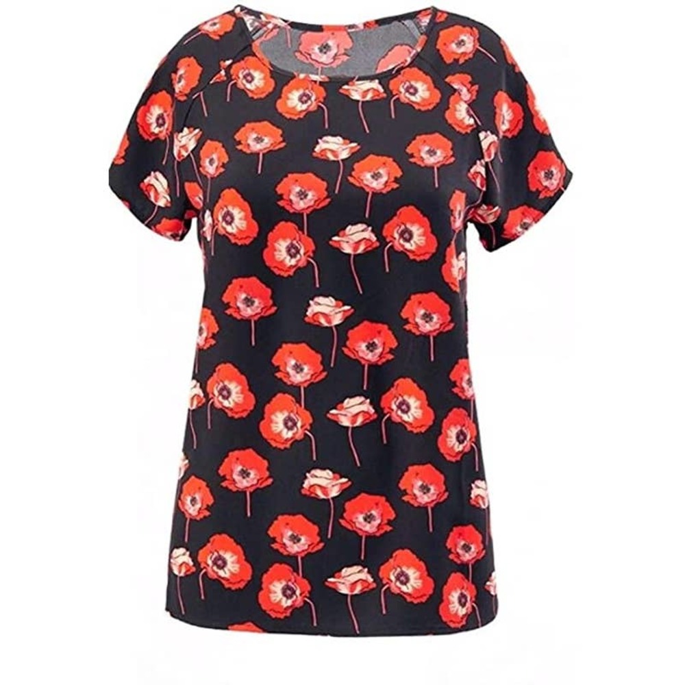 Cabi Flanders Top Black Red Orange Poppy Print Size XS Split Back Floral Blouse